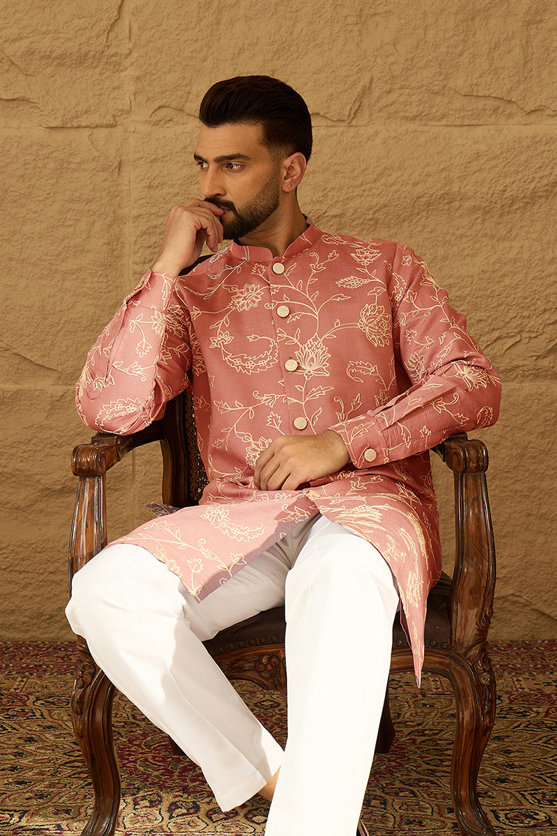Peach Viscose Rayon Embroidered Mandarin Collar Straight Kurta