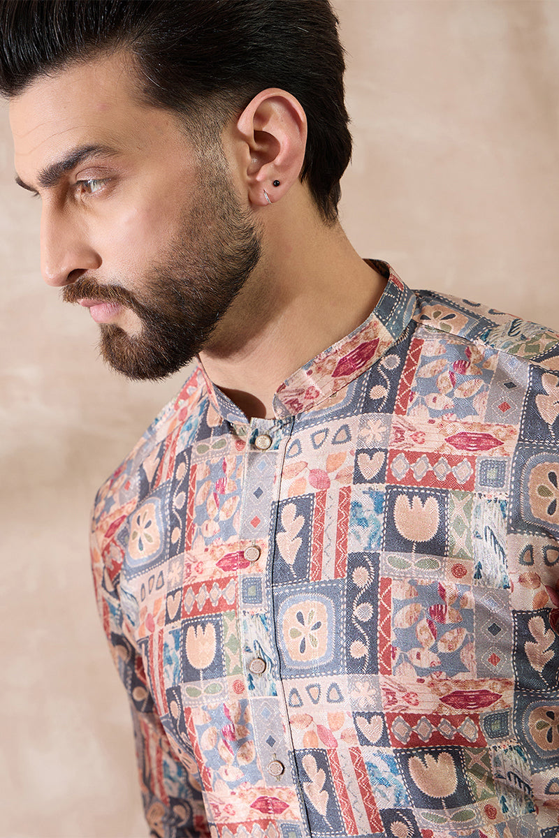Multi Silk Blend Printed Mandarin Collar Straight Kurta MKU2001