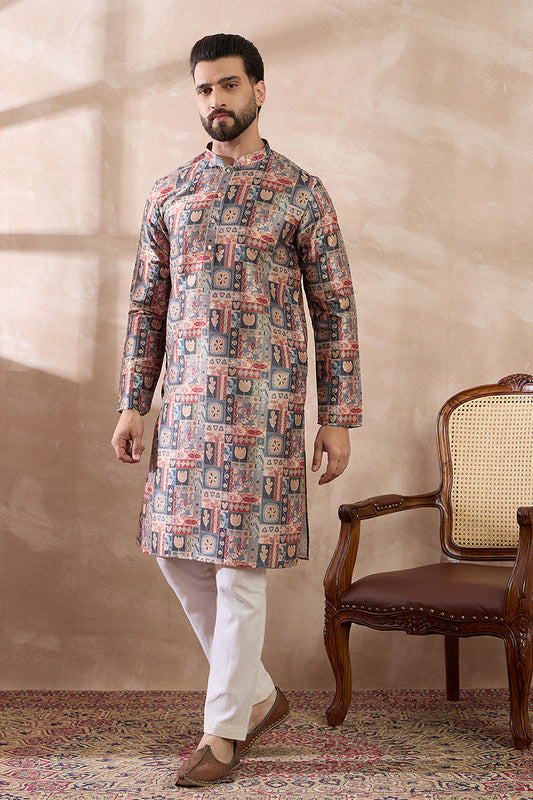 Multi Silk Blend Printed Mandarin Collar Straight Kurta