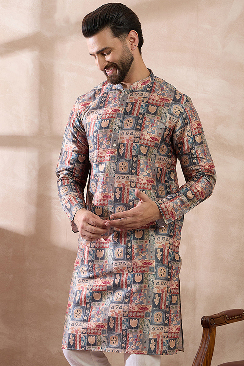 Multi Silk Blend Printed Mandarin Collar Straight Kurta With Trouser