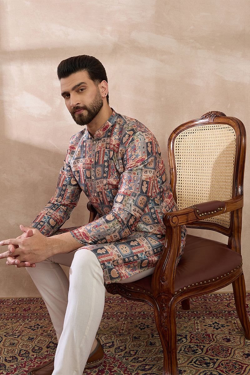 Multi Silk Blend Printed Mandarin Collar Straight Kurta With Trouser