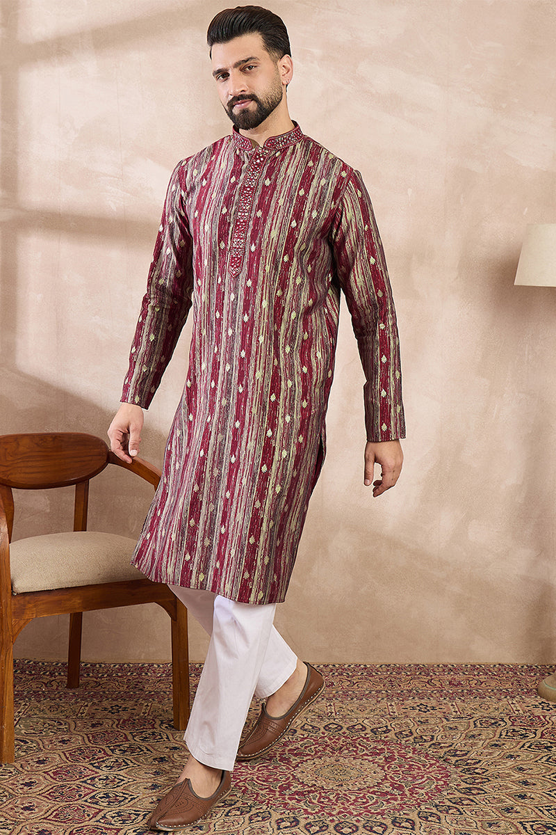 Maroon Silk Blend Abstract Printed Straight Kurta With Trouser MKSET2006