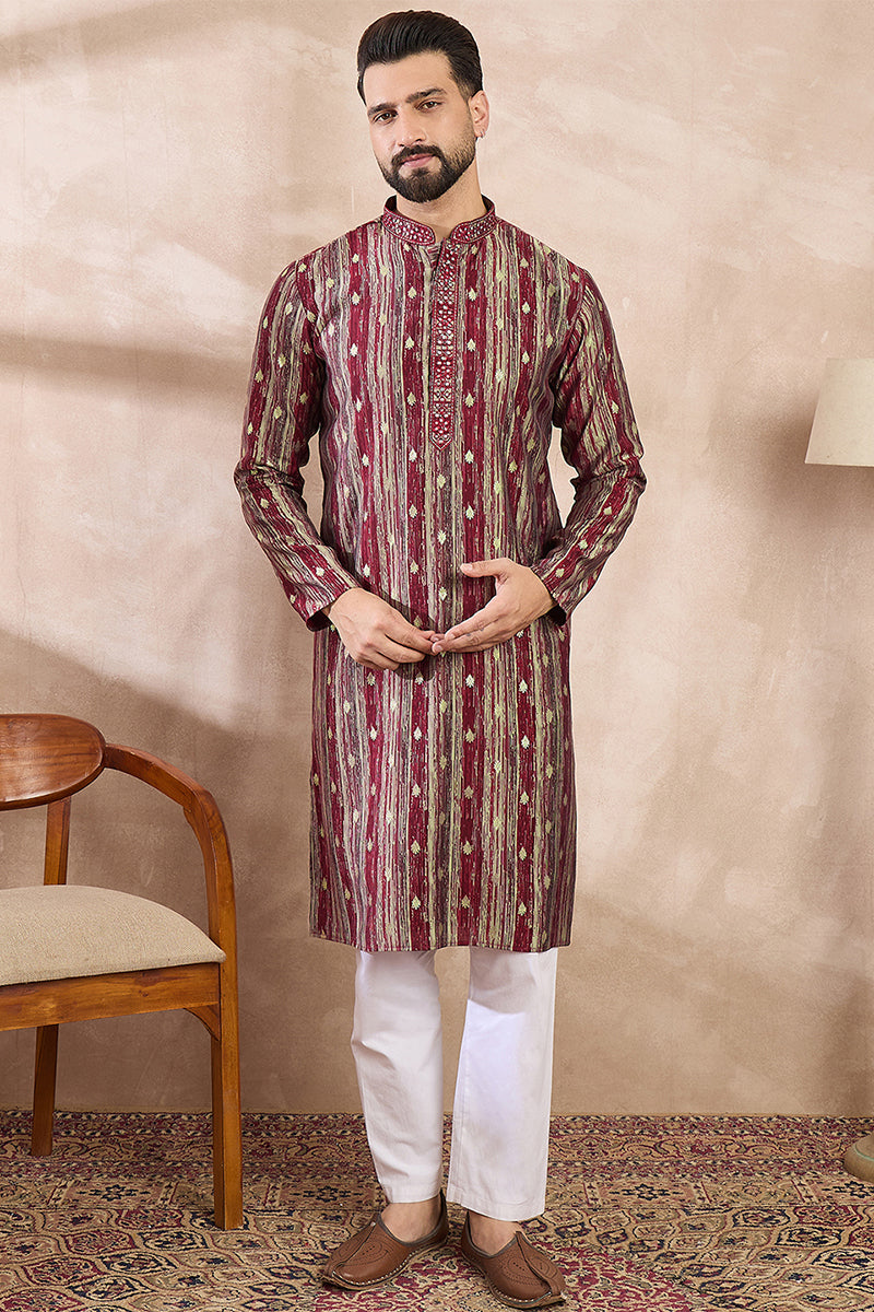 Maroon Silk Blend Abstract Printed Straight Kurta With Trouser