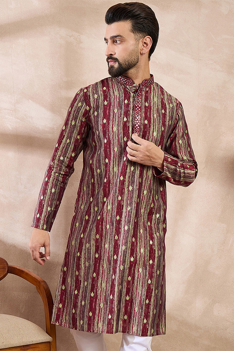 Maroon Silk Blend Abstract Printed Straight Kurta