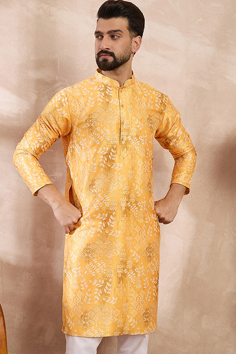 Yellow Silk Blend Ethnic Motifs Printed Straight Kurta MKU2012