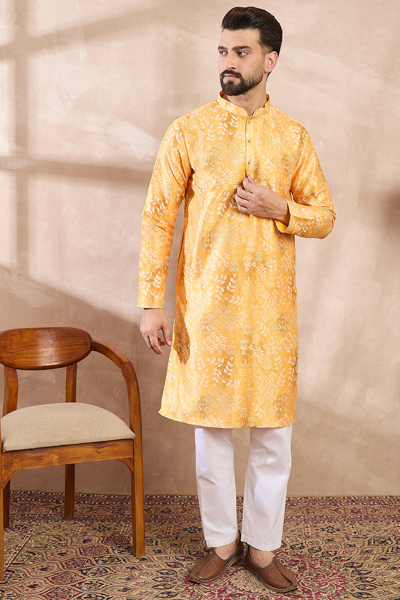 Yellow Silk Blend Ethnic Motifs Printed Straight Kurta MKU2012