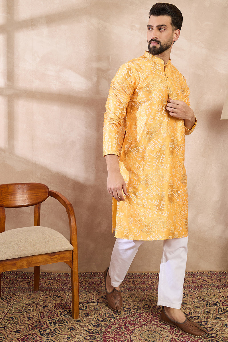 Yellow Silk Blend Ethnic Motifs Printed Straight Kurta MKU2012