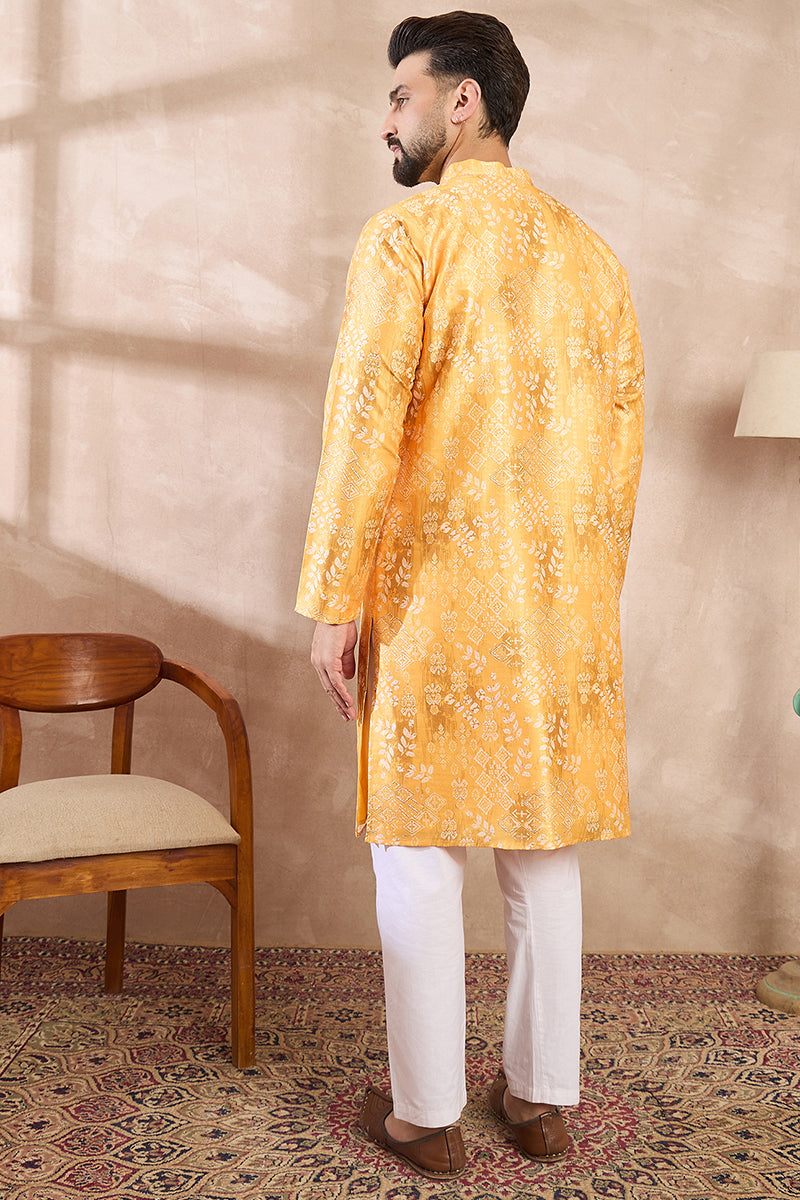 Yellow Silk Blend Ethnic Motifs Printed Straight Kurta With Trouser MKSET2012