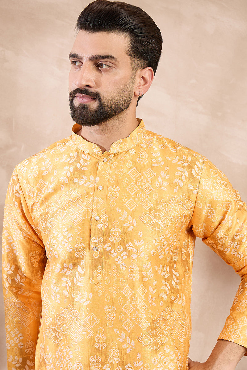 Yellow Silk Blend Ethnic Motifs Printed Straight Kurta