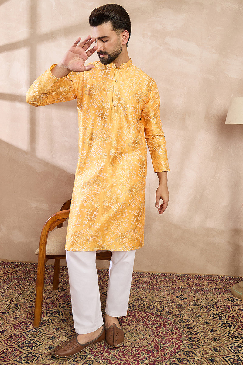 Yellow Silk Blend Ethnic Motifs Printed Straight Kurta With Trouser