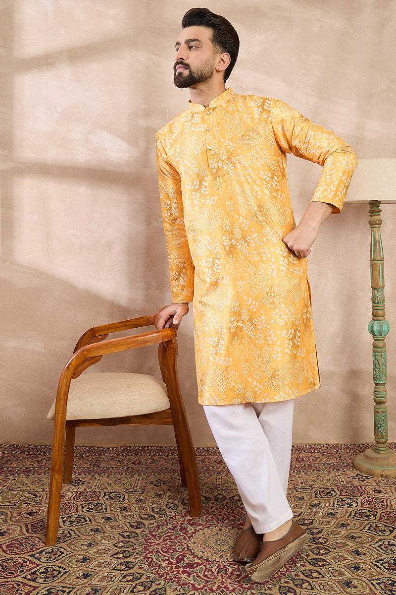 Yellow Silk Blend Ethnic Motifs Printed Straight Kurta