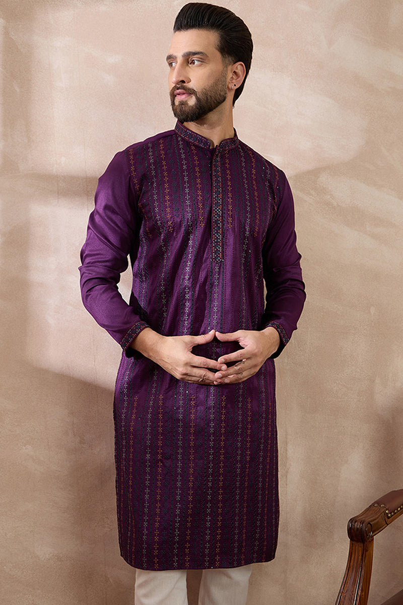 Purple Silk Blend Embroidered Mandarin Collar Straight Kurta MKU2038