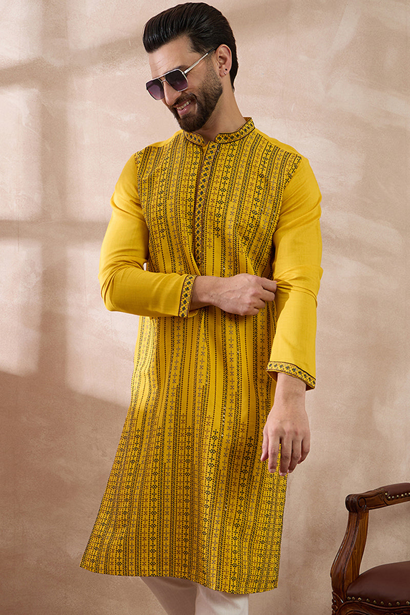 Yellow Silk Blend Embroidered Mandarin Collar Straight Kurta