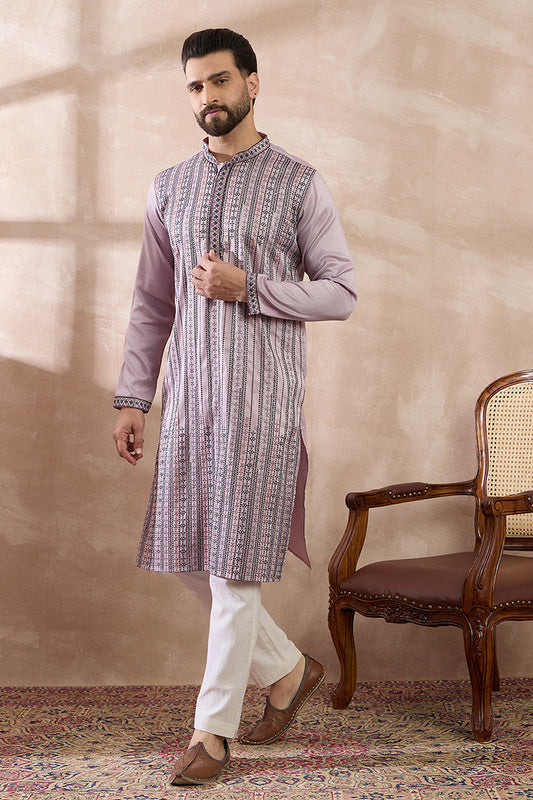 Lavender Silk Blend Embroidered Mandarin Collar Straight Kurta With Trouser MKSET2041