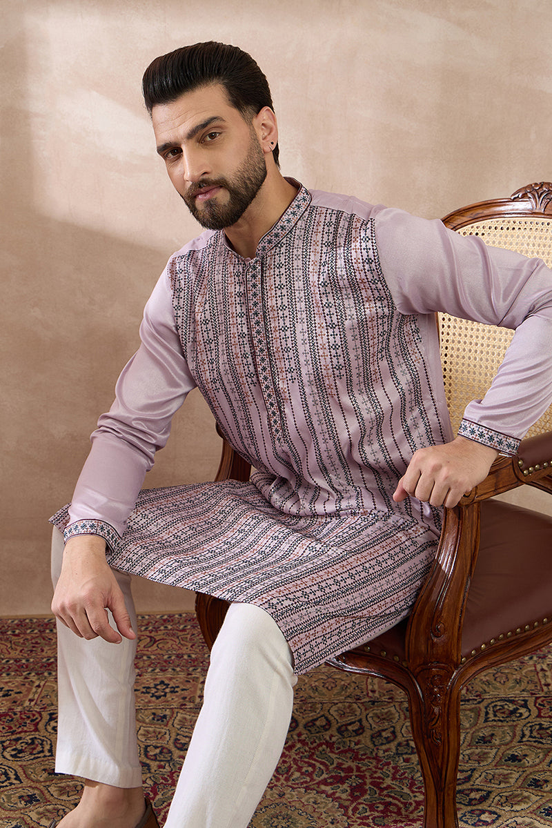 Lavender Silk Blend Embroidered Mandarin Collar Straight Kurta With Trouser