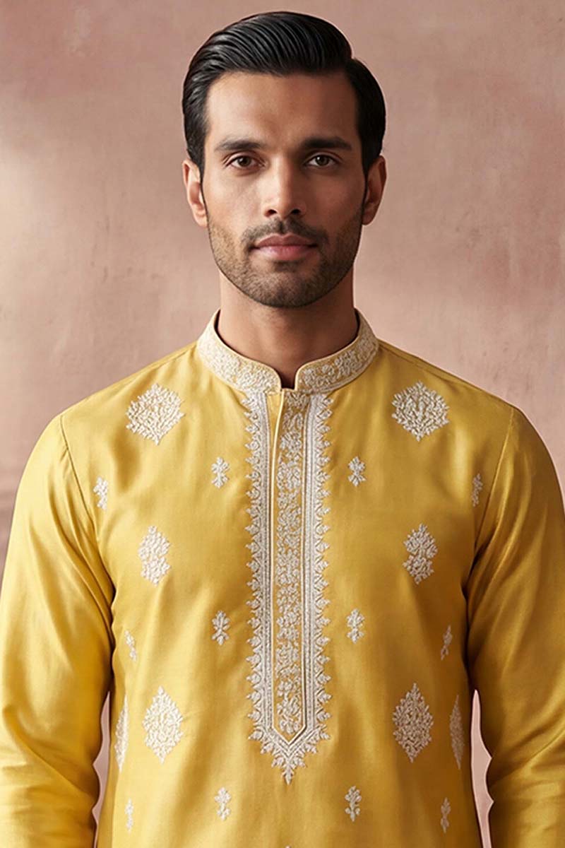 Mens Yellow Silk Blend Solid Embroidered Kurta With Trouser