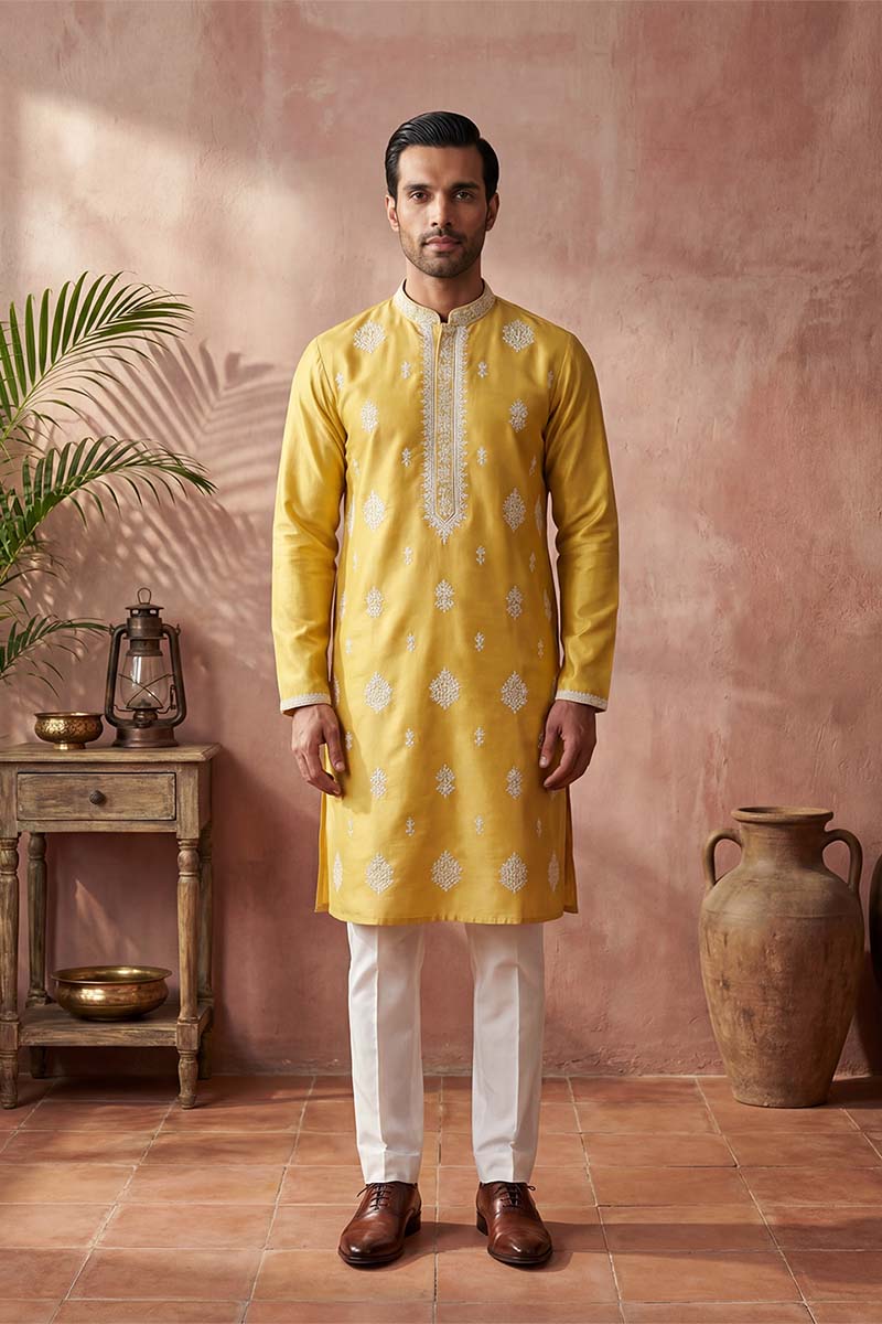 Mens Yellow Silk Blend Solid Embroidered Kurta With Trouser MKSET2044