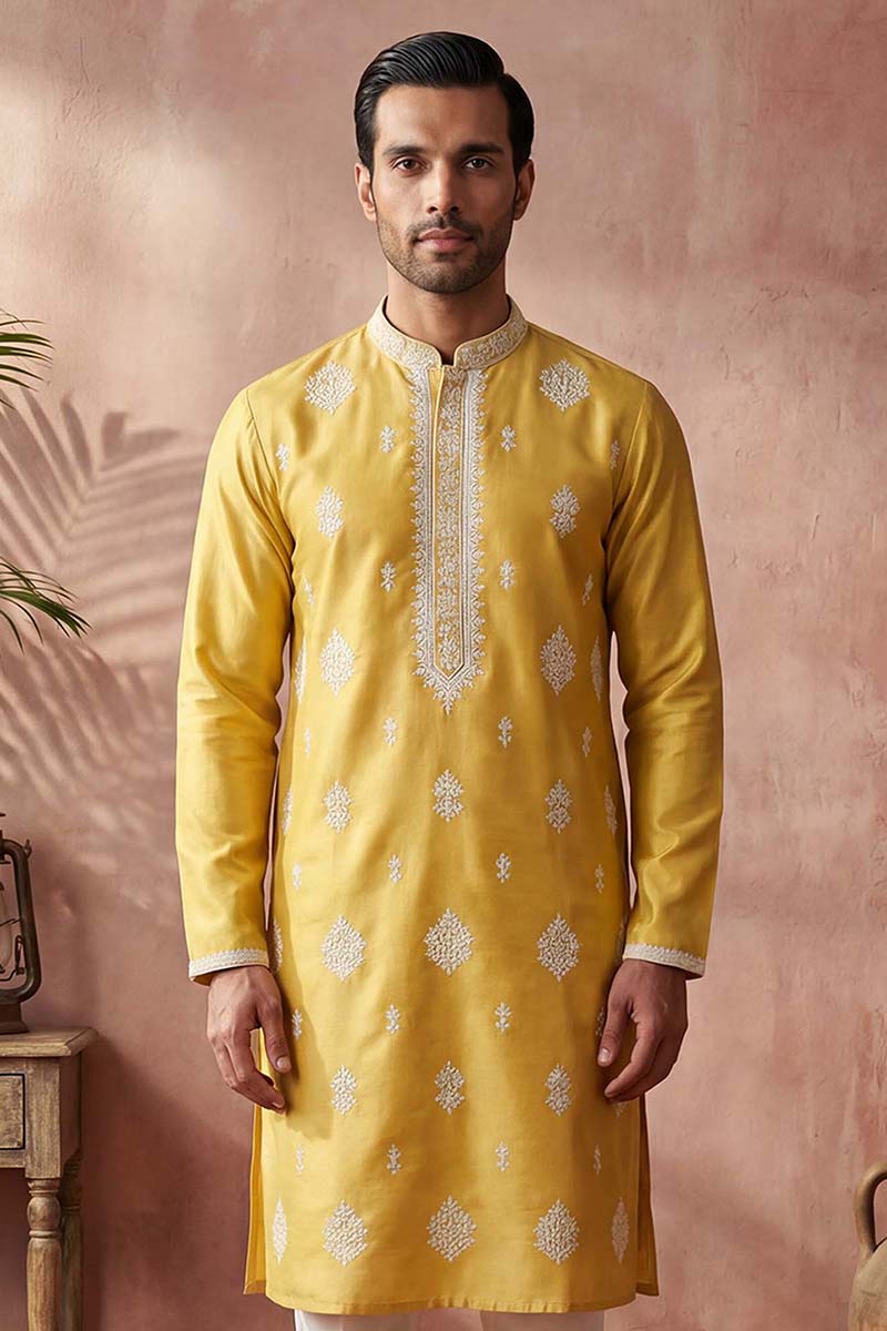 Mens Yellow Silk Blend Solid Embroidered Kurta MKU2044