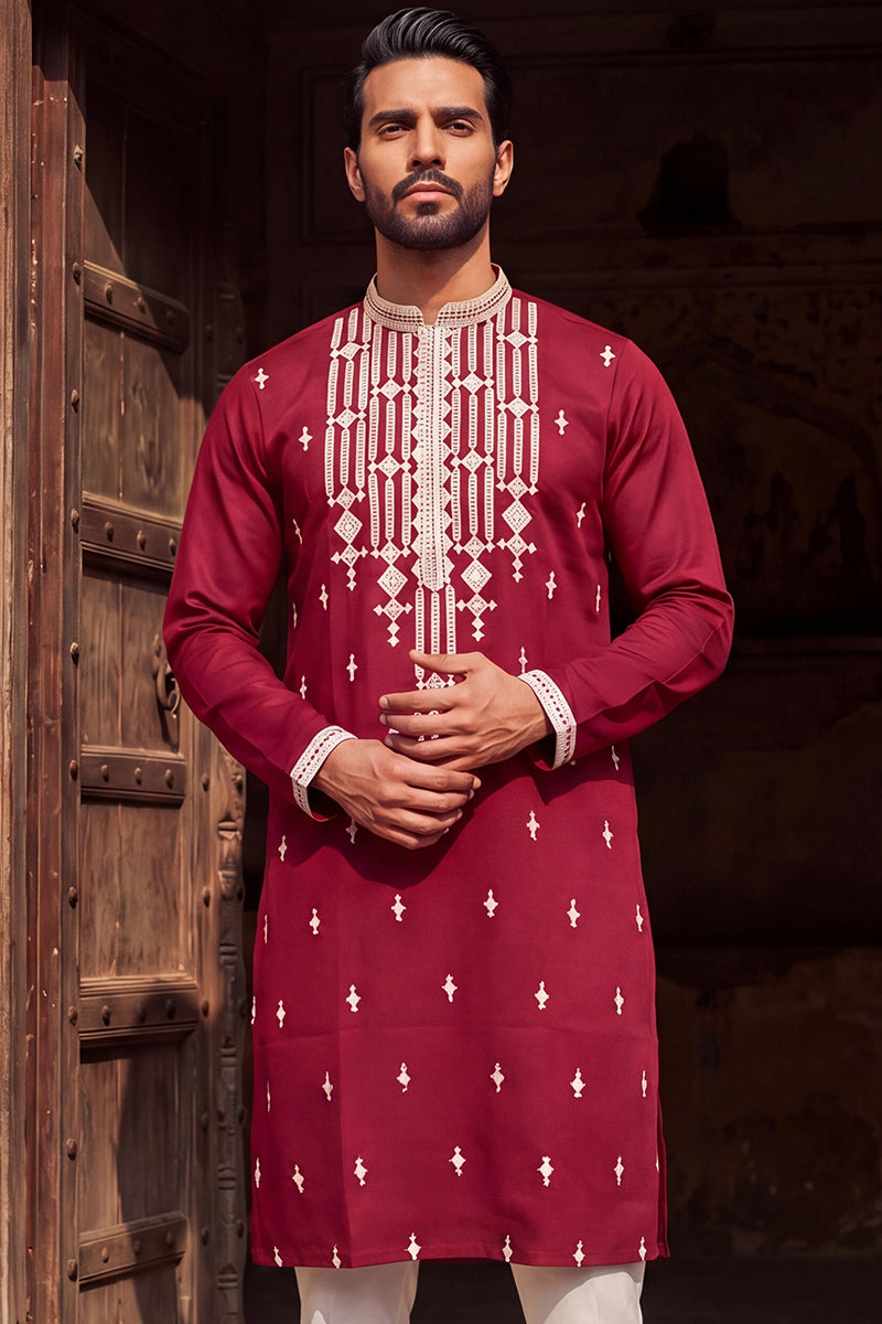 Maroon Silk Blend Embroidered Straight Kurta MKU2049