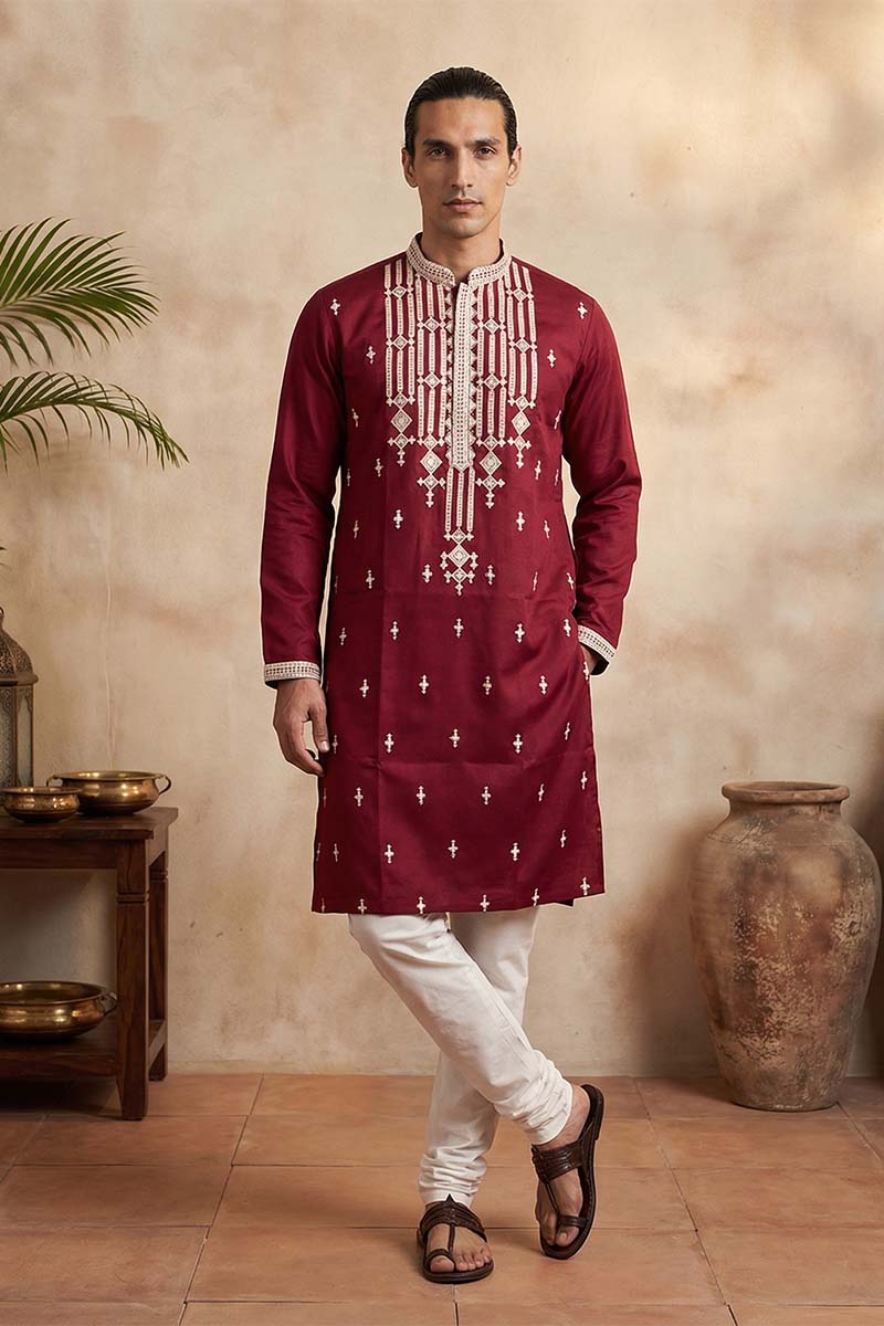 Maroon Silk Blend Embroidered Straight Kurta With Trousers MKSET2049