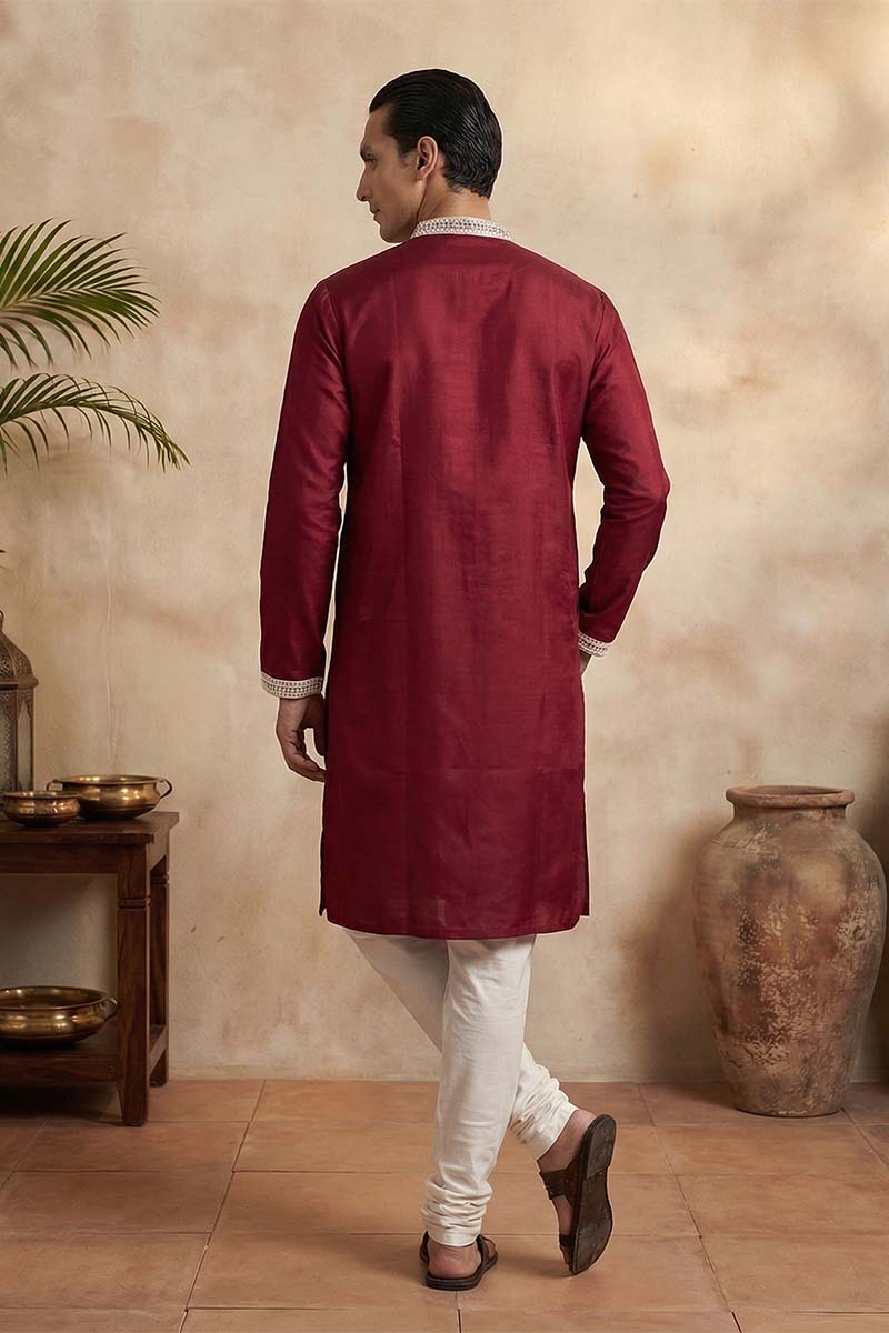 Maroon Silk Blend Embroidered Straight Kurta With Trousers MKSET2049