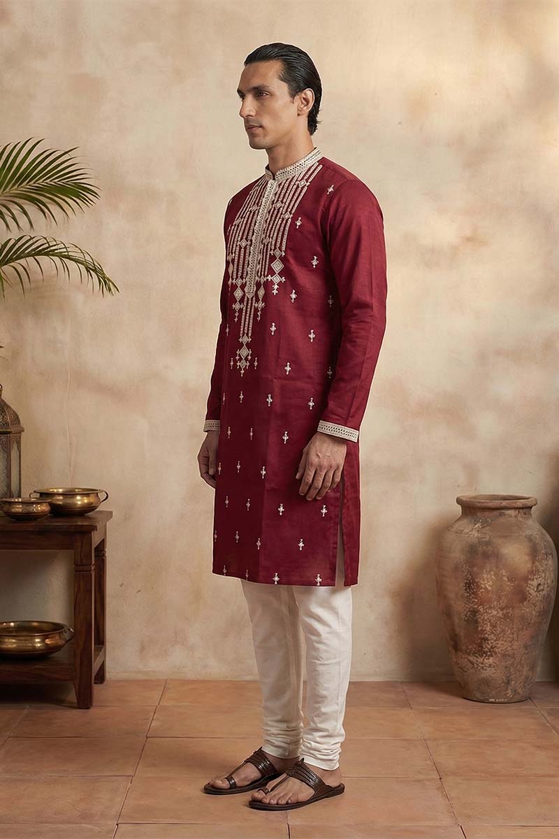 Maroon Silk Blend Embroidered Straight Kurta With Trousers MKSET2049