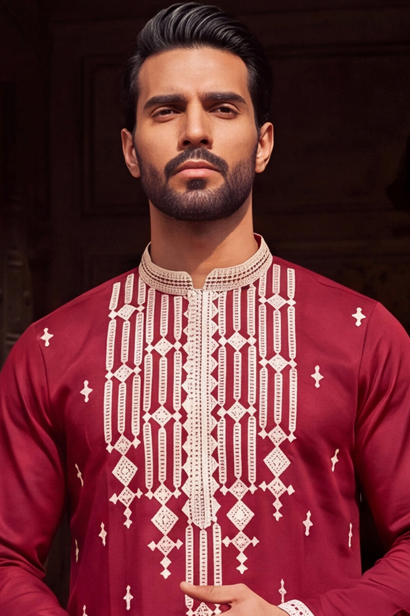 Maroon Silk Blend Embroidered Straight Kurta