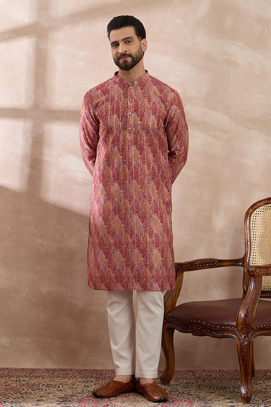 Pink Silk Blend Printed Mandarin Collar Straight Kurta MKU2054