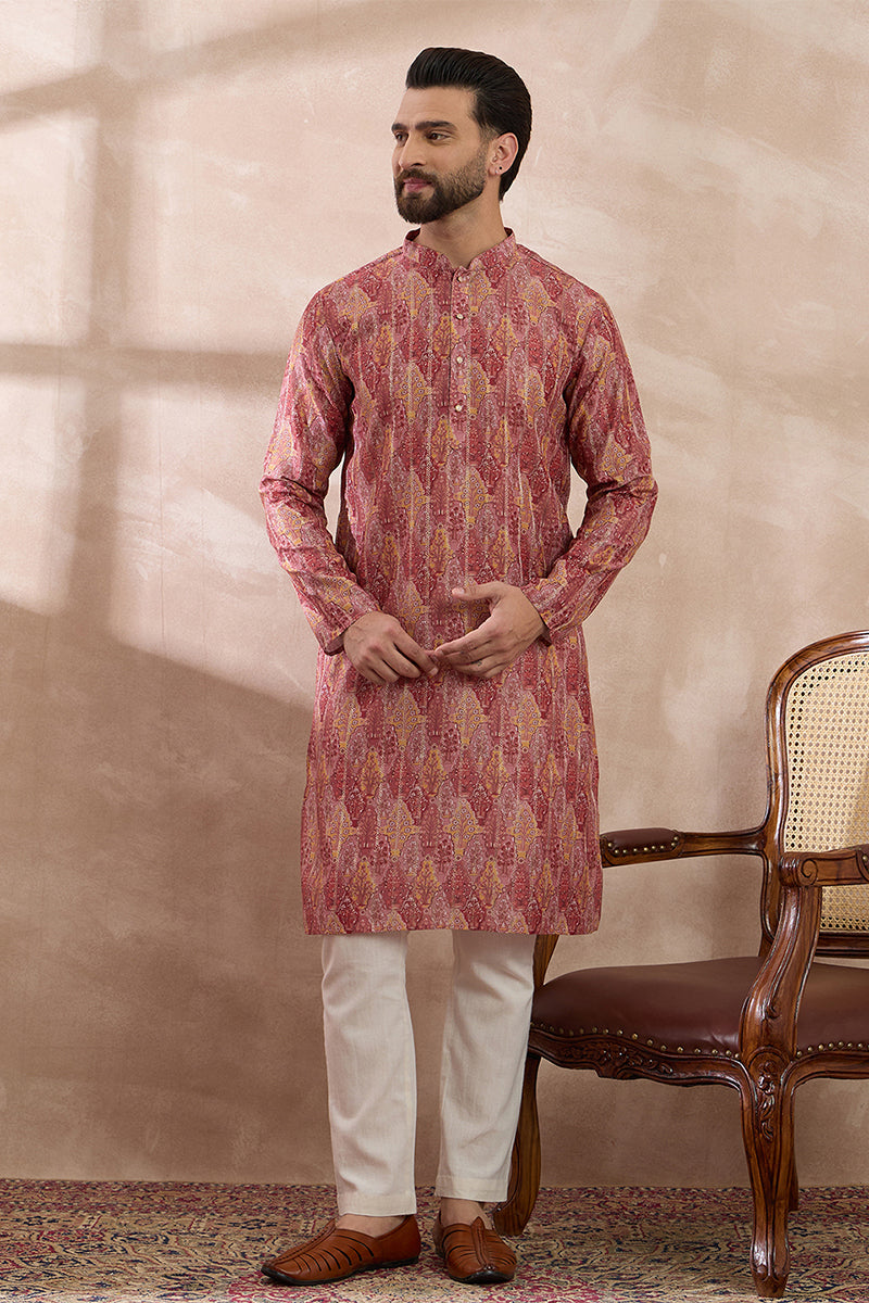 Pink Silk Blend Printed Mandarin Collar Straight Kurta With Trouser MKSET2054