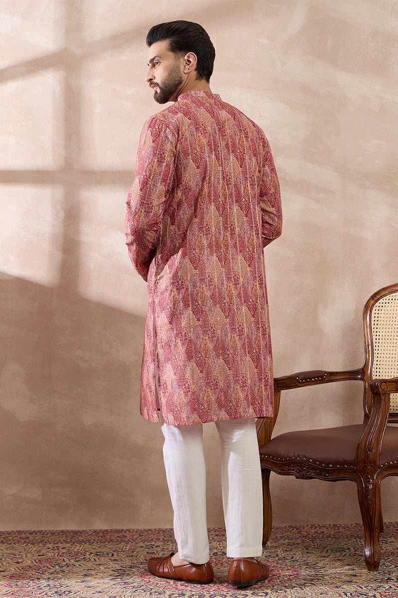 Pink Silk Blend Printed Mandarin Collar Straight Kurta With Trouser MKSET2054