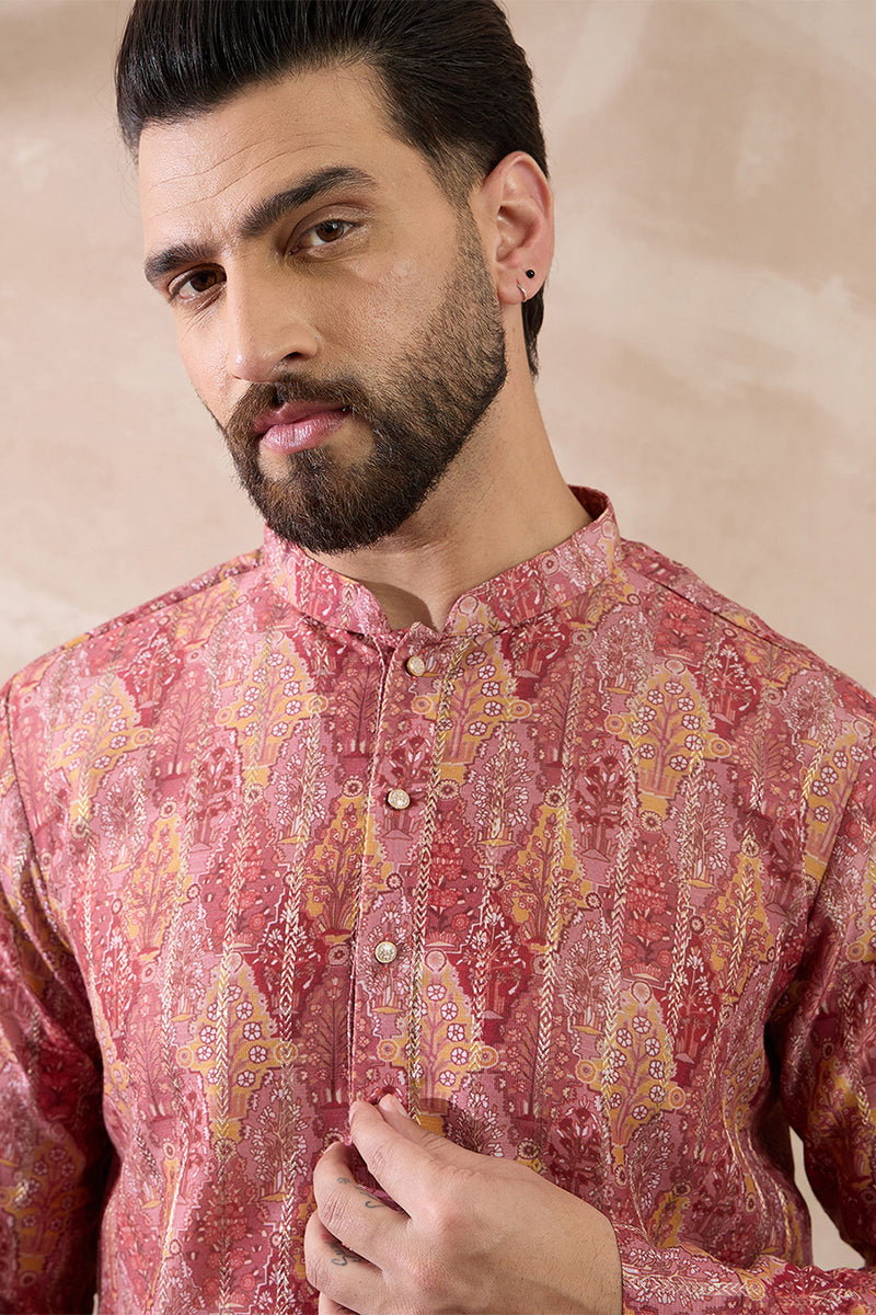 Pink Silk Blend Printed Mandarin Collar Straight Kurta With Trouser