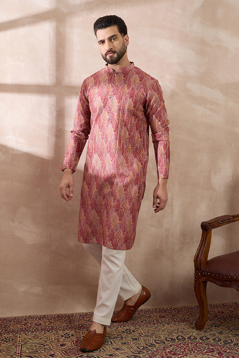 Pink Silk Blend Printed Mandarin Collar Straight Kurta With Trouser