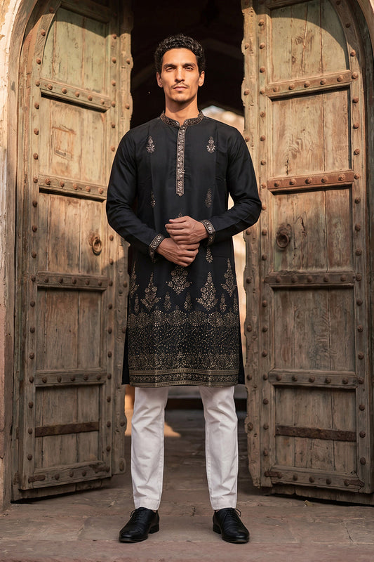 Men Black Silk Blend Embroidered Straight Kurta Sets MKSET2072