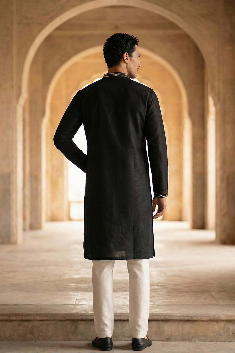 Men Black Silk Blend Embroidered Straight Kurta Sets MKSET2072