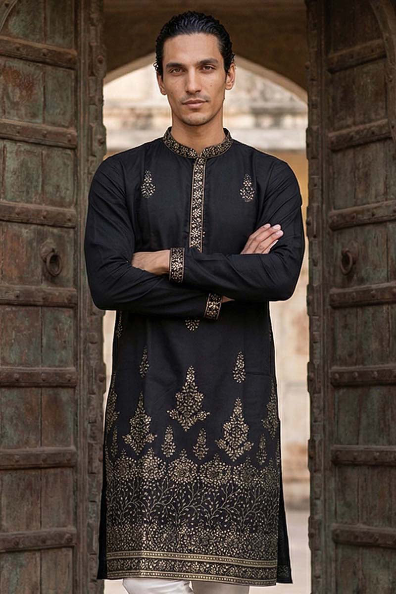 Men Black Silk Blend Embroidered Straight Kurta Sets MKSET2072