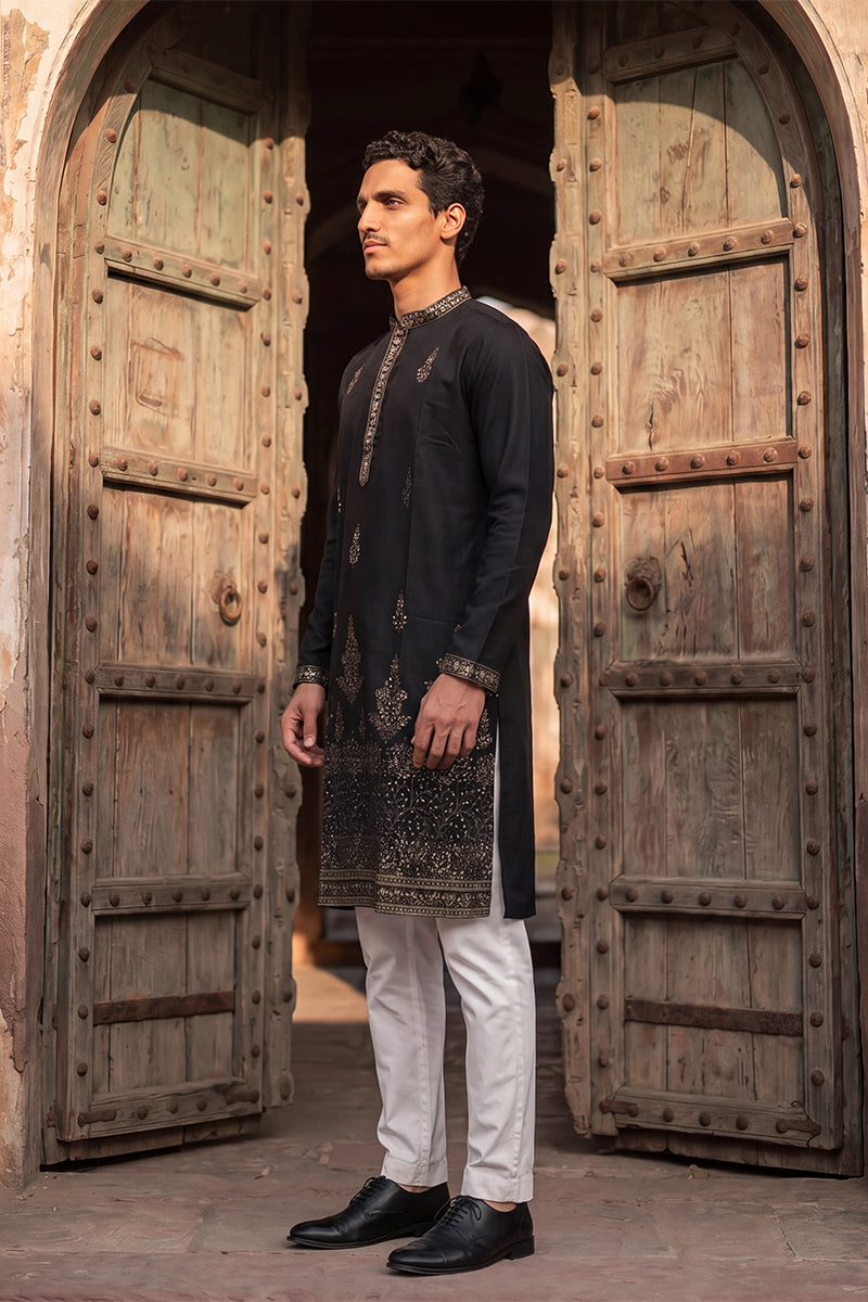 Men Black Silk Blend Embroidered Straight Kurta Sets