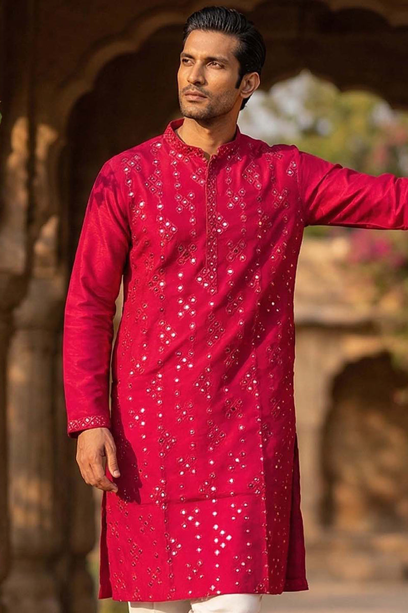 Mens Pink Silk Blend Solid Embroidered Kurta MKU2076