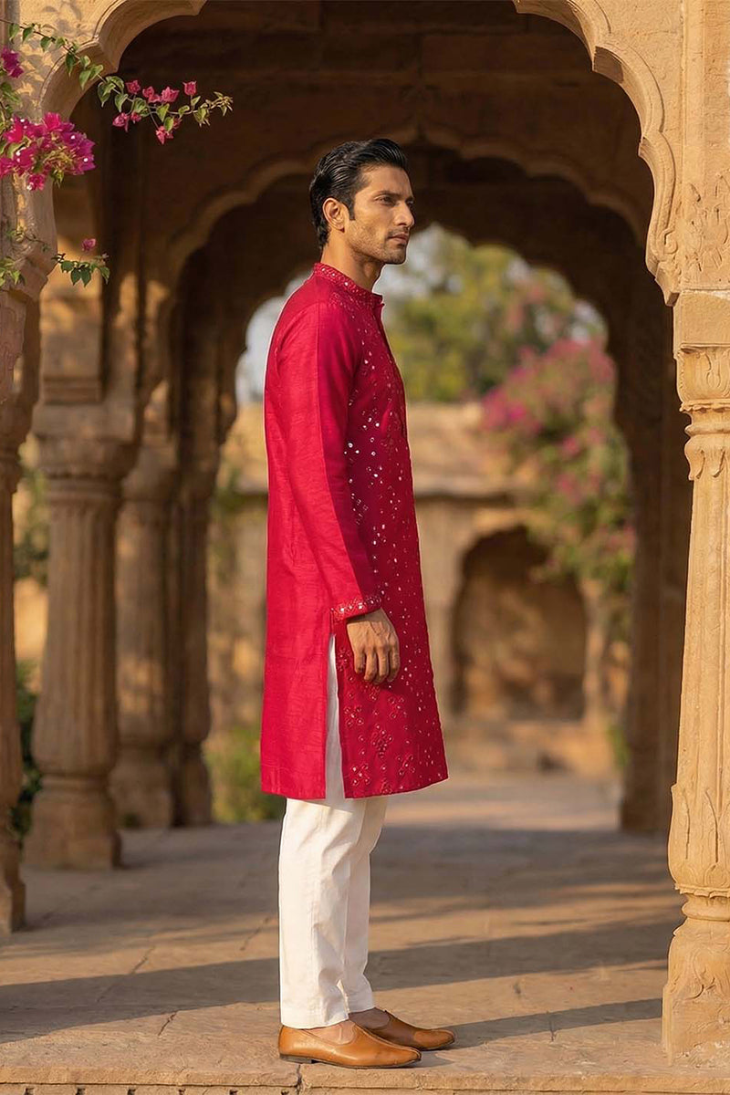 Mens Pink Silk Blend Solid Embroidered Kurta MKU2076