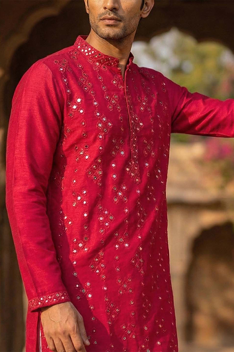 Mens Pink Silk Blend Solid Embroidered Kurta MKU2076