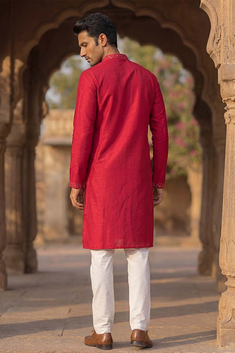 Mens Pink Silk Blend Solid Embroidered Kurta MKU2076
