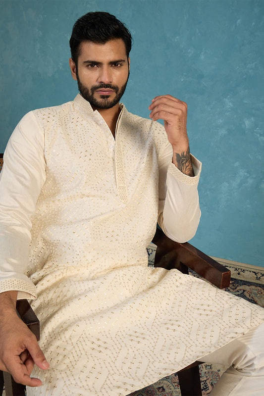 Men Off White Silk Blend Embroidered Straight Kurta Sets MKSET2082