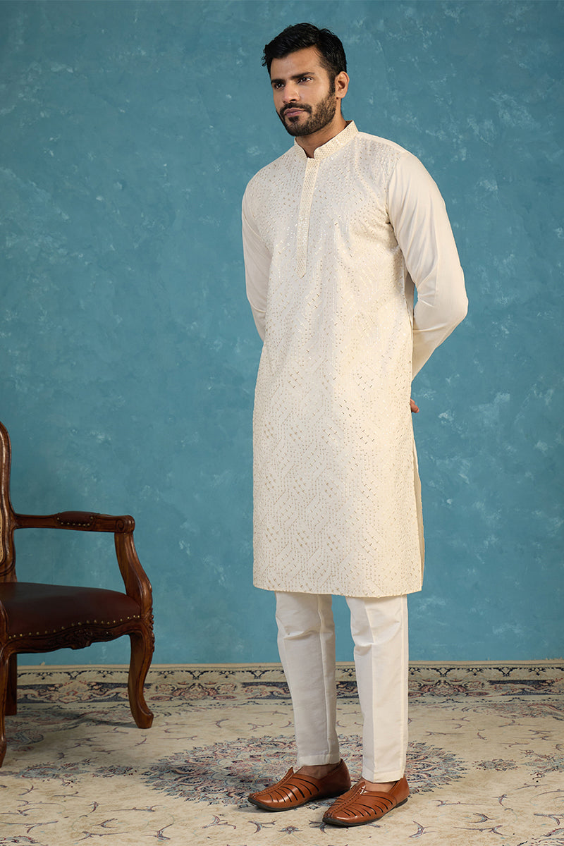 Men Off White Silk Blend Embroidered Straight Kurta MKU2082