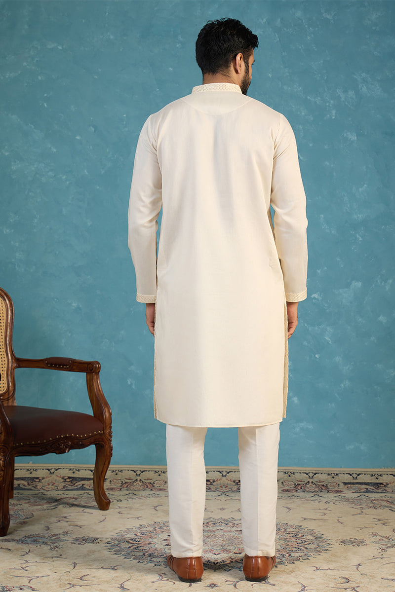 Men Off White Silk Blend Embroidered Straight Kurta MKU2082