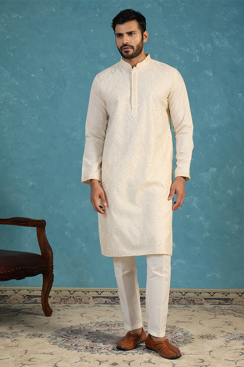 Men Off White Silk Blend Embroidered Straight Kurta Sets