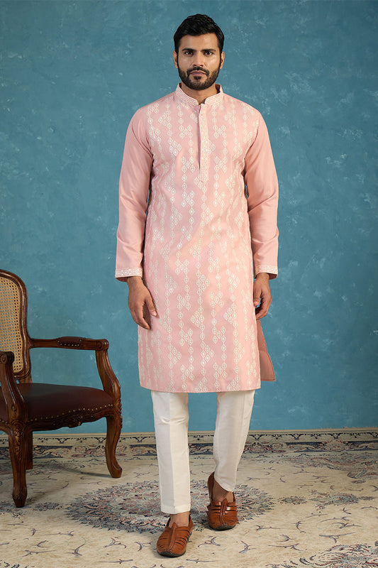Mens Pink Silk Blend Solid Embroidered Kurta With Trousers