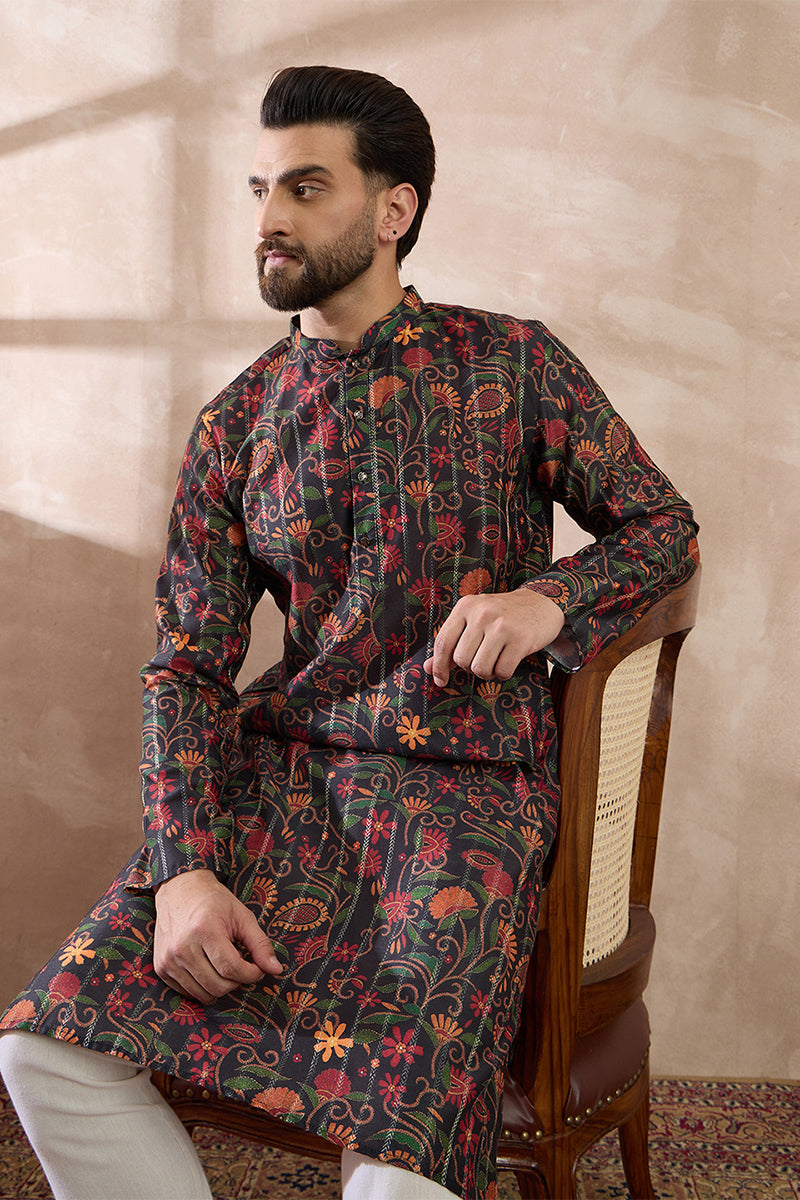 Black Silk Blend Embroidered Mandarin Collar Straight Kurta With Trouser MKSET2096