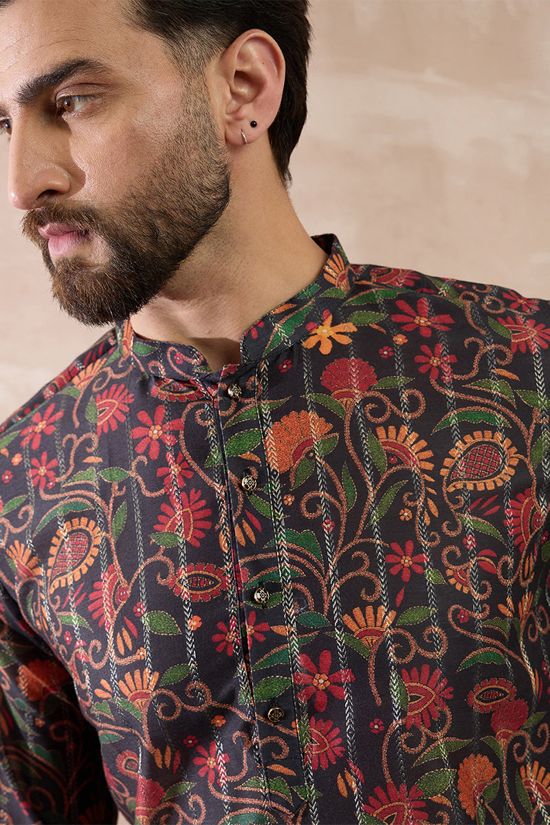 Black Silk Blend Embroidered Mandarin Collar Straight Kurta MKU2096