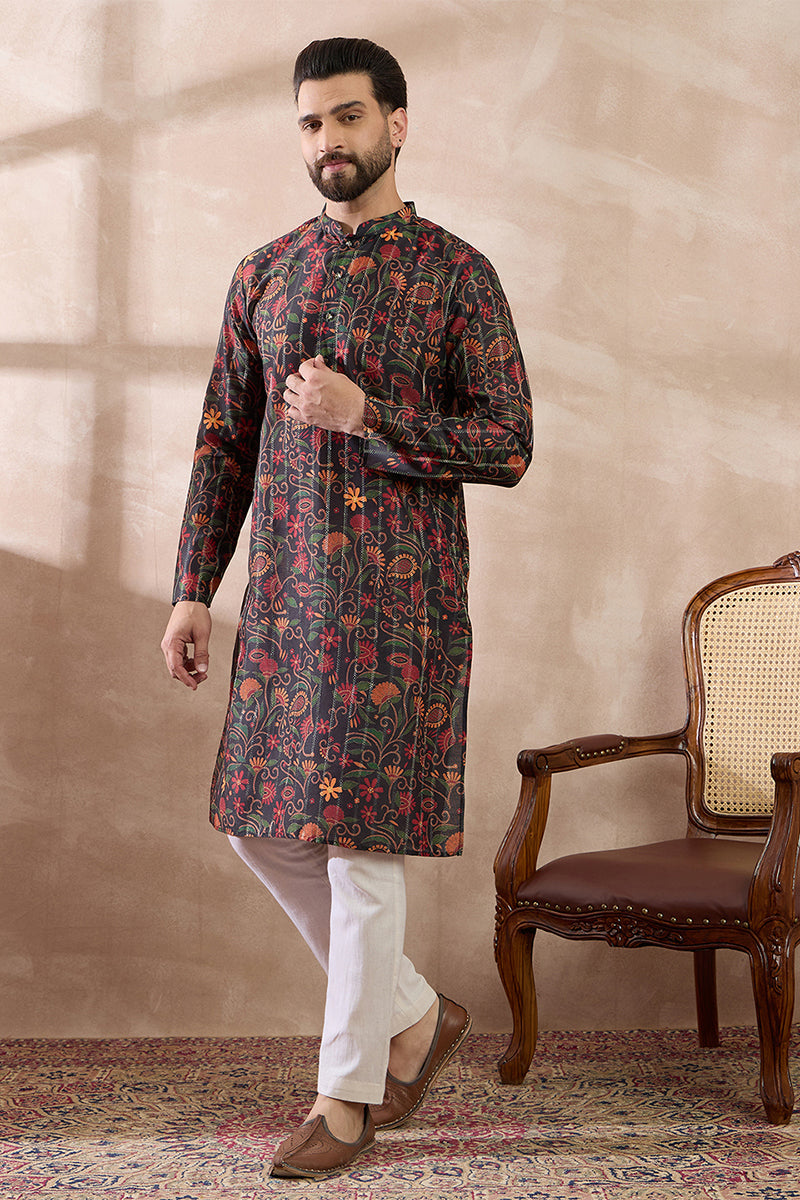 Black Silk Blend Embroidered Mandarin Collar Straight Kurta MKU2096
