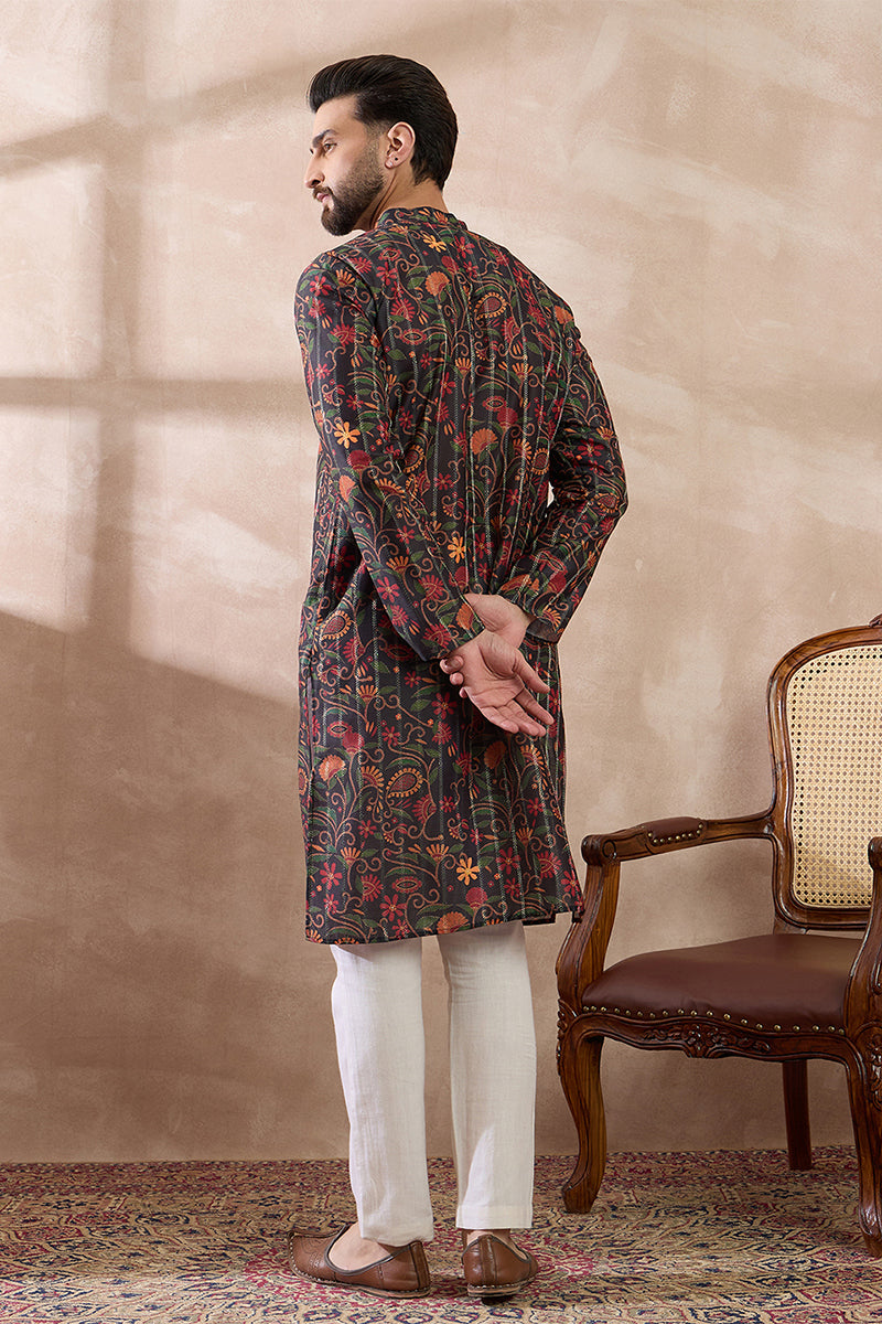 Black Silk Blend Embroidered Mandarin Collar Straight Kurta With Trouser MKSET2096