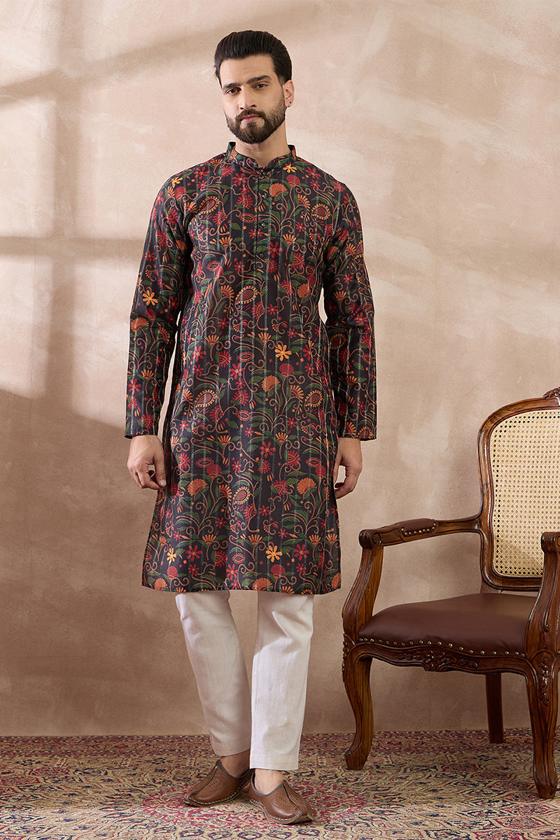 Black Silk Blend Embroidered Mandarin Collar Straight Kurta
